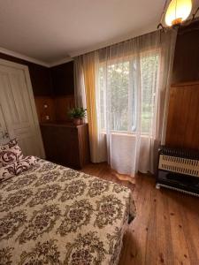 1 dormitorio con cama y ventana grande en Cozy cottage, en Zugdidi