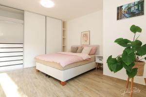 - une chambre avec un lit et une plante dans l'établissement Apartmen centrum Trnava, à Trnava