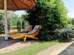 two chairs sitting under an umbrella on a patio at Apartman TESLA 29 in Veternik