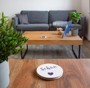 een salontafel in een woonkamer met een bank bij Ilmpartment Deluxe Suite - Vollausstattung - Boxspringbett - Wi-Fi - Netflix in Ilmenau