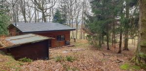 een kleine houten hut in het bos bij Waldhaus Hempe in Tabarz