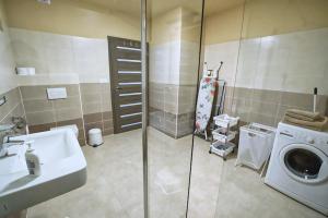 a bathroom with a sink and a washing machine at Nice accommodation in Mikulov in Mikulov