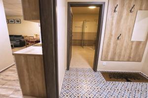 a hallway leading to a kitchen with a walk in shower at Nice accommodation in Mikulov in Mikulov