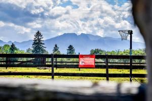 un canestro da basket su una recinzione con montagne sullo sfondo di Gazdówka na Brzyzku a Zakopane