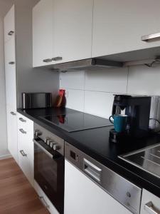 uma cozinha com armários brancos e um balcão preto em Apartment mit Innenhof, Rasen und Parkplatz em Altlußheim