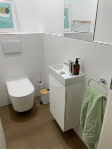 bagno bianco con servizi igienici e lavandino di Hyggepartment Erlangen Zentrum a Erlangen