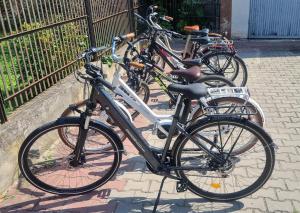 um grupo de bicicletas estacionadas ao lado de uma cerca em Apartamenty przy Tężni em Busko-Zdrój