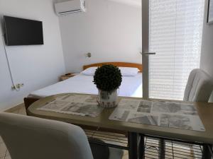 uma mesa de jantar com um vaso de plantas em Apartments & Room Marina View em Vodice