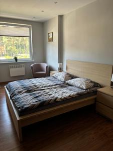 1 dormitorio con cama, ventana y silla en BLUE MARE Apartamenty MES, en Łukęcin