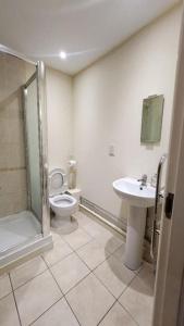 e bagno con servizi igienici, lavandino e doccia. di 2 bedroom apartment a Liverpool