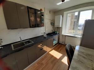 cocina con encimera, fregadero y ventana en Квартира в Коломиї, en Kolomyia