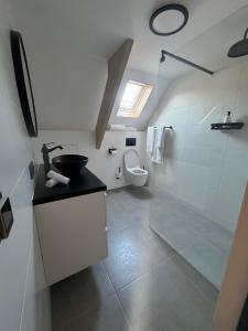 La salle de bains est pourvue d'une douche, d'un lavabo et de toilettes. dans l'établissement Breda City Apartments, à Breda