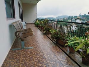 een stoel op een balkon met planten bij Preeti villa in Madikeri