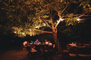 a group of people sitting at a table under a tree at Hanu lui Gica Spa in Satu Mare