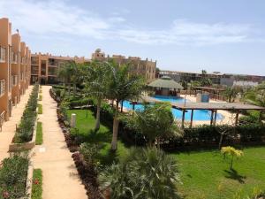 - une vue sur un complexe avec une piscine et des palmiers dans l'établissement Tropical Morabeza Apartment Santa Maria, à Santa Maria