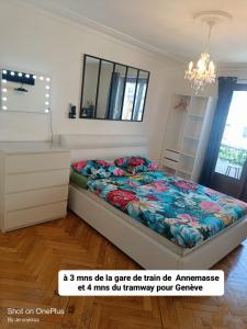 ein Schlafzimmer mit einem Bett und einer Kommode in der Unterkunft Chambre salle de bain et balcon privé - 3 mins à pied de la gare - Génève accès direct in Annemasse