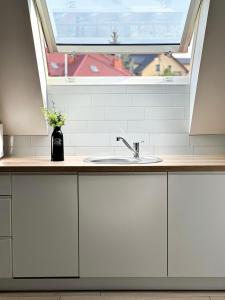 a kitchen with a sink and a window at Apartamenty A&M in Stargard