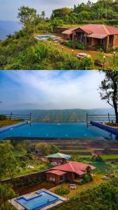 dos fotos de una casa y un lago en Lifeline Villas - Miracle 5BHK Infinity Pool Villa With Breathtaking Valley View And Huge Lawn Area, en Mahabaleshwar