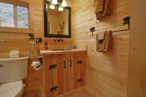 ein Badezimmer mit einem WC, einem Waschbecken und einem Spiegel in der Unterkunft Couple Retreat Cabin-near Smoky Mountain Railroad-Hot Tub in Bryson City