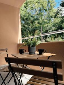 a wooden table with two cups and a potted plant on a balcony at Premium Line Apartman in Sombor