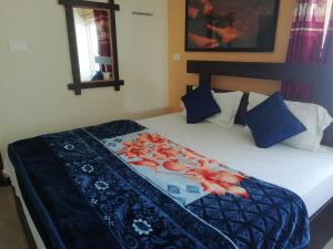 - une chambre dotée d'un lit avec une couverture bleue et rouge dans l'établissement Sunstar Apartment, à Ooty