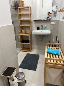 a bathroom with a sink and a person in a mirror at CityLife InApartment Salzburg in Salzburg