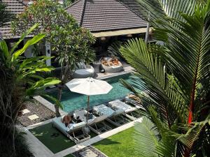 una vista aérea de una piscina con personas tiradas en sillas y una sombrilla en The Palms Canggu, en Canggu