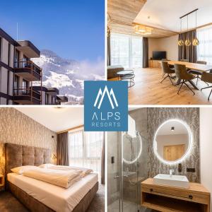 a collage of photos of a bedroom and a mans room at Zillertal Suites Fügen by ALPS RESORTS in Fügen