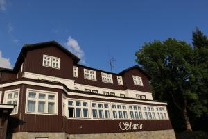 un grande edificio marrone e bianco con finestre bianche di Hotel Slavie a Špindlerův Mlýn