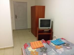 Schlafzimmer mit einem TV und einem Bett mit Kissen in der Unterkunft M+D Hotel in Budapest