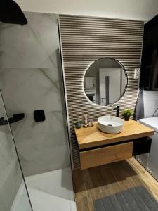 a bathroom with a sink and a mirror and a shower at Z8 Prémium Apartman in Kaposvár