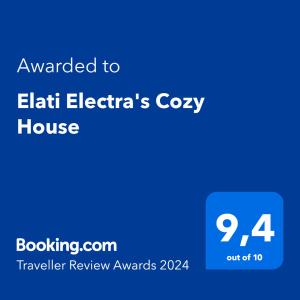 Certifikat, nagrada, logo ili neki drugi dokument izložen u objektu Elati Electra's Cozy House