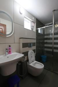 a bathroom with a sink and a toilet and a mirror at Riders Den in Mananthavady