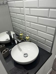 a bathroom with a white sink and a mirror at Lento Apartment in Winchester