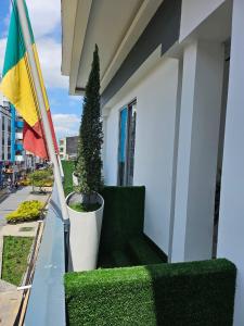 un drapeau et une plante sur un balcon dans l'établissement Hotel San Jeronimo Armenia, à Armenia