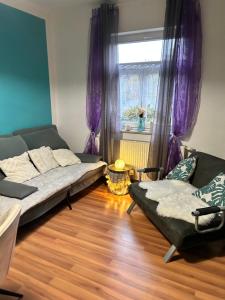 ein Wohnzimmer mit einem Bett und einem Fenster in der Unterkunft Ferienwohnung HAPPYHOME Bahnhofnah gemütlich familiär in Arnstadt