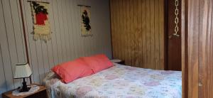 a bedroom with a bed with a pink pillow at Hospedaje Picoyo in Pucón