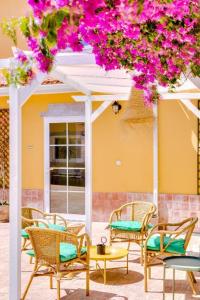 a group of chairs sitting under a pergola with flowers at Quinta Almargem Lusitano - Farm House in Tavira