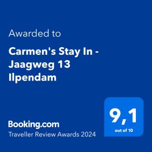 Sertifikat, penghargaan, tanda, atau dokumen yang dipajang di Carmen's Stay In - Jaagweg 13 Ilpendam