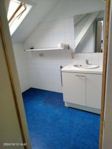 ein Badezimmer mit einem weißen Waschbecken und blauem Boden in der Unterkunft Yann & Prestige met comfort in Brüssel