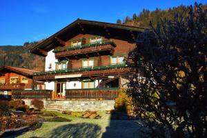 une grande maison en bois dans les montagnes dans l'établissement Pension Alpentraum, à Zell am See