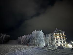 un bâtiment sur une piste de ski avec des arbres enneigés dans l'établissement VILA JEZERO, à Kopaonik