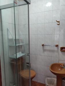 een badkamer met een douche, een toilet en een wastafel bij Casa Ramirez - Guest House en el Segundo Piso in Sucre