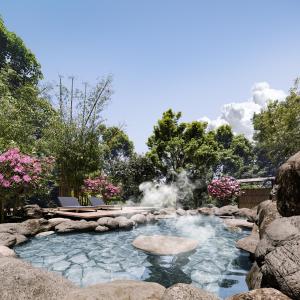 un bain à remous dans un jardin avec une fontaine dans l'établissement Ochiairo, à Izu