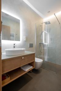 a bathroom with a sink and a toilet and a shower at No Pardon Hotel in Satu Mare