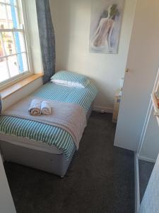 een slaapkamer met 2 bedden en handdoeken bij The Blue Mantle in Wellington