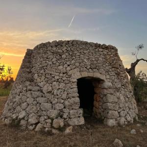 un ancien bâtiment en pierre avec une porte dans un champ dans l'établissement Agriturismo Villa Coluccia, à Martano