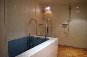 a bathroom with a shower and a bath tub at Guesthouse & sauna by HMTL in Liepāja