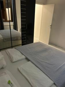 1 dormitorio con 2 camas y espejo en Aurelia apartman, en Vinkovci