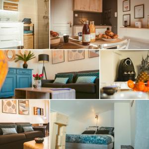 een collage van foto's van een keuken en een woonkamer bij Appartement cosy idéal pour 2 personnes à Aubenas in Aubenas